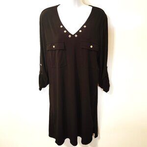 Women's Joan Vass Stretchy Black Midi Dress with Grommets & Screws in Size Large